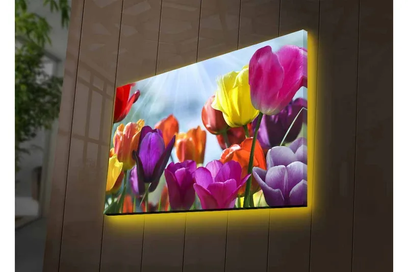 Lærredstryk med LED-belysning - Farverig buket tulipaner - Lilla / Rød / Gul - Boligtilbehør - Billeder & kunst - Billeder på lærred