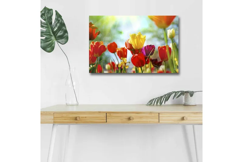 Lærredstryk med LED-belysning - Farverig buket tulipaner, Rød / Gul / Lilla