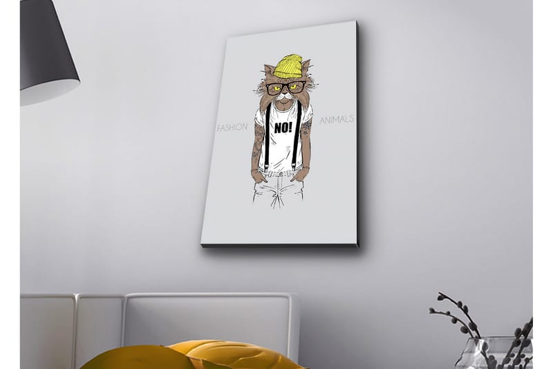 Lærredstryk med LED-belysning - Hipster-stil kat i tøj og briller, Gul / Brun / Hvid