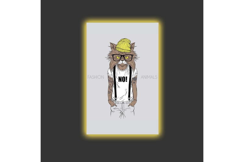 Lærredstryk med LED-belysning - Hipster-stil kat i tøj og briller - Gul / Brun / Hvid - Boligtilbehør - Billeder & kunst - Billeder på lærred