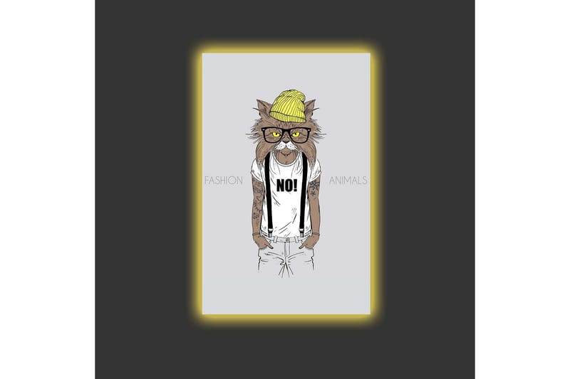 Lærredstryk med LED-belysning - Hipster-stil kat i tøj og briller - Gul / Brun / Hvid - Boligtilbehør - Billeder & kunst - Billeder på lærred