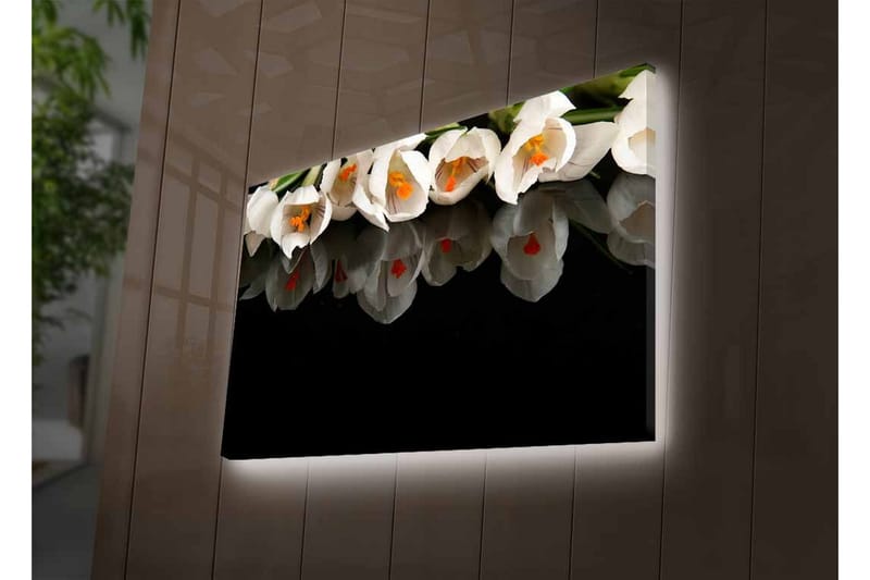 Lærredstryk med LED-belysning - Hvid blomsterbuket med refleksion på sort baggrund - Hvid / Orange / Grøn - Boligtilbehør - Billeder & kunst - Billeder på lærred