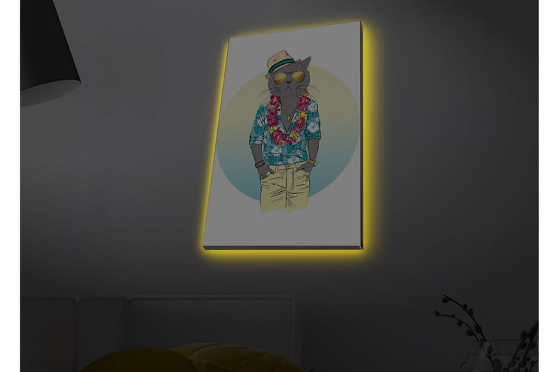 Lærredstryk med LED-belysning - Kat i sommertøj med blomsterkrans og solbriller, Blå / Grøn / Beige