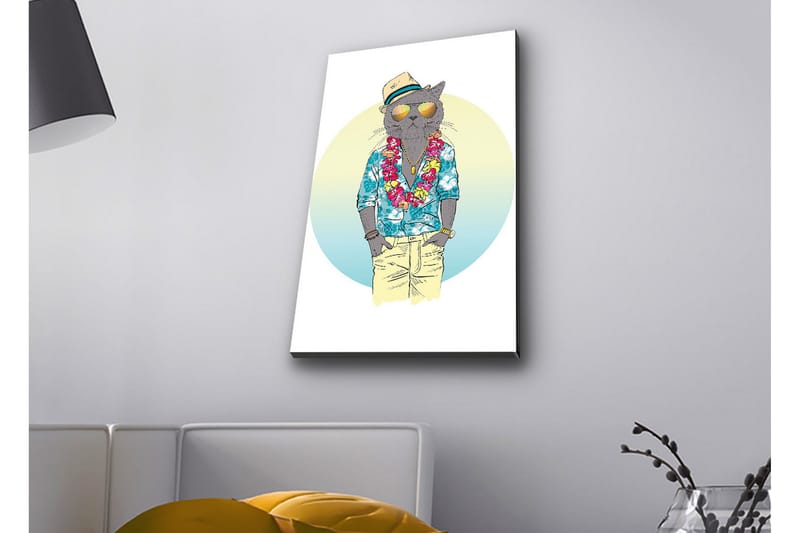 Lærredstryk med LED-belysning - Kat i sommertøj med blomsterkrans og solbriller - Blå / Grøn / Beige - Boligtilbehør - Billeder & kunst - Billeder på lærred