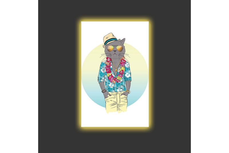 Lærredstryk med LED-belysning - Kat i sommertøj med blomsterkrans og solbriller - Blå / Grøn / Beige - Boligtilbehør - Billeder & kunst - Billeder på lærred