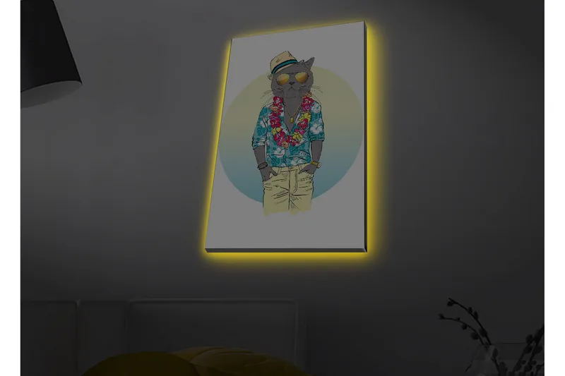 Lærredstryk med LED-belysning - Kat i sommertøj med blomsterkrans og solbriller, Blå / Grøn / Beige