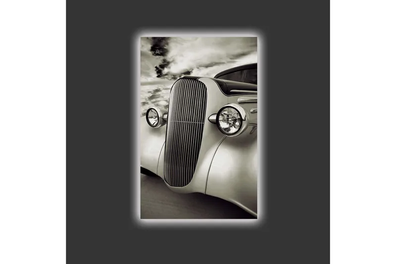 Lærredstryk med LED-belysning - Klassisk bil med elegant design - Hvid / Sort / Grå - Boligtilbehør - Billeder & kunst - Billeder på lærred