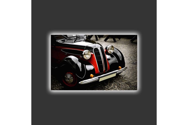Lærredstryk med LED-belysning - Klassisk bil med retrodesign - Sort / Rød / Sølv - Boligtilbehør - Billeder & kunst - Billeder på lærred