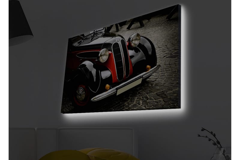 Lærredstryk med LED-belysning - Klassisk bil med retrodesign - Sort / Rød / Sølv - Boligtilbehør - Billeder & kunst - Billeder på lærred