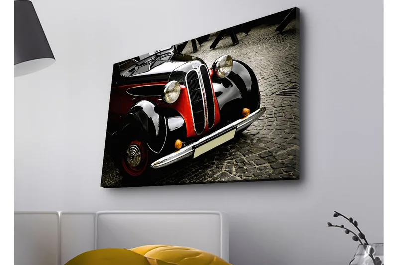 Lærredstryk med LED-belysning - Klassisk bil med retrodesign, Sort / Rød / Sølv