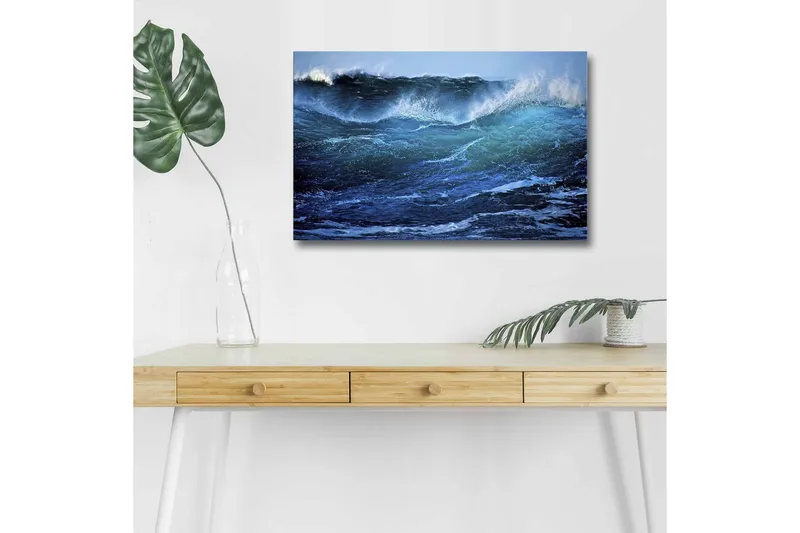 Lærredstryk med LED-belysning - Kraftfuld havbølge med skummende tinder, Mørkeblå / Turkis / Hvid