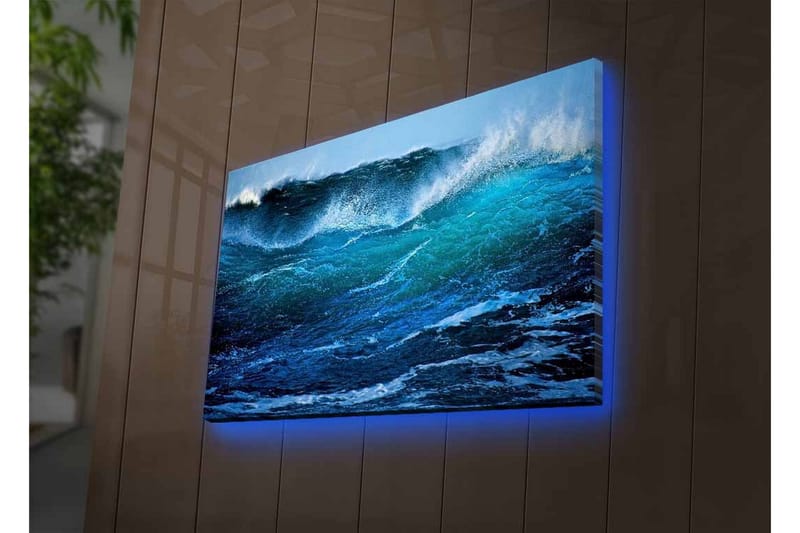 Lærredstryk med LED-belysning - Kraftfuld havbølge med skummende tinder - Mørkeblå / Turkis / Hvid - Boligtilbehør - Billeder & kunst - Billeder på lærred