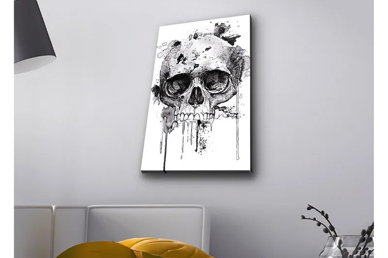 Lærredstryk med LED-belysning - Kranie med abstrakte blækdetaljer, Sort / Grå