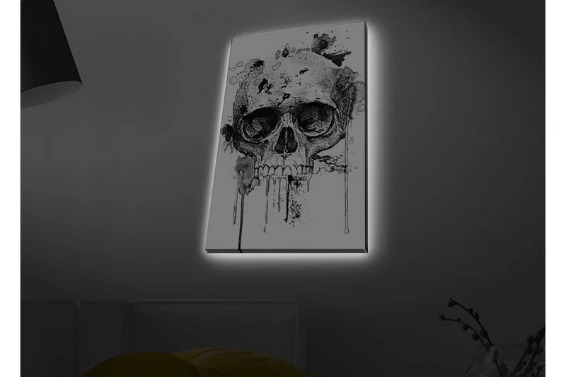 Lærredstryk med LED-belysning - Kranie med abstrakte blækdetaljer - Sort / Grå - Boligtilbehør - Billeder & kunst - Billeder på lærred