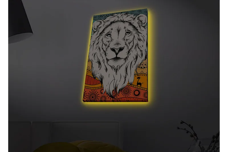 Lærredstryk med LED-belysning - Løvehoved med farverig baggrund og mønster, Grå / Orange / Blå