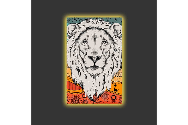 Lærredstryk med LED-belysning - Løvehoved med farverig baggrund og mønster - Grå / Orange / Blå - Boligtilbehør - Billeder & kunst - Billeder på lærred