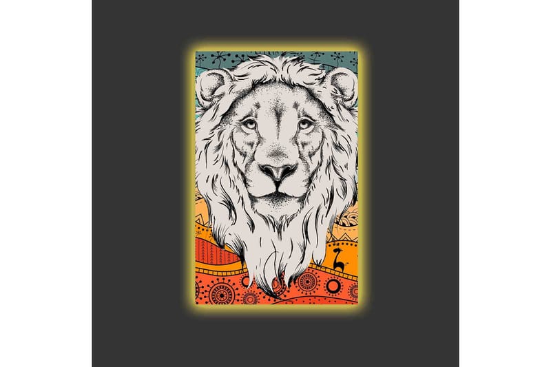 Lærredstryk med LED-belysning - Løvehoved med farverig baggrund og mønster - Grå / Orange / Blå - Boligtilbehør - Billeder & kunst - Billeder på lærred