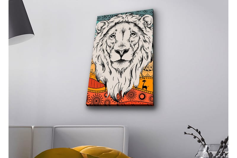 Lærredstryk med LED-belysning - Løvehoved med farverig baggrund og mønster - Grå / Orange / Blå - Boligtilbehør - Billeder & kunst - Billeder på lærred