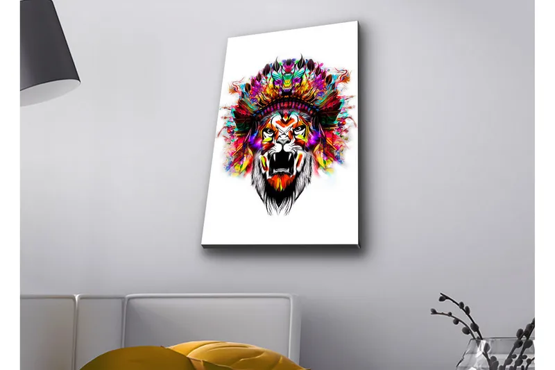 Lærredstryk med LED-belysning - Løvehoved med farverige fjer, Orange / Lilla / Grøn