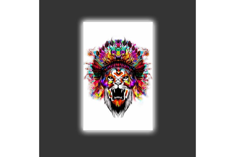 Lærredstryk med LED-belysning - Løvehoved med farverige fjer - Orange / Lilla / Grøn - Boligtilbehør - Billeder & kunst - Billeder på lærred