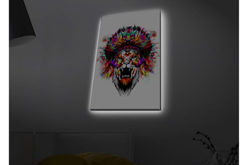 Lærredstryk med LED-belysning - Løvehoved med farverige fjer - Orange / Lilla / Grøn - Boligtilbehør - Billeder & kunst - Billeder på lærred