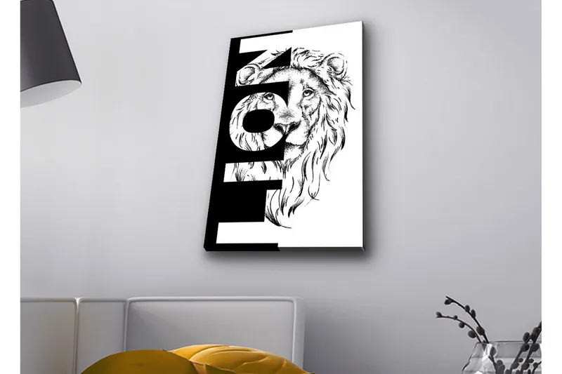 Lærredstryk med LED-belysning - Løvehoved med grafiske elementer, Sort / Hvid