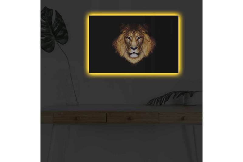 Lærredstryk med LED-belysning - Løvehoved med intenst blik - Guld / Sort / Brun - Boligtilbehør - Billeder & kunst - Billeder på lærred