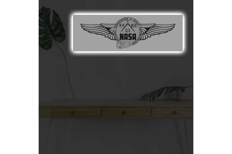 Lærredstryk med LED-belysning - Logo med vinger og NASA-motiv, Sort / Grå
