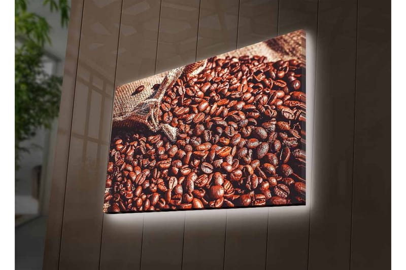 Lærredstryk med LED-belysning - Mættede kaffebønner i et naturligt miljø - Mørkebrun / Lysebrun - Boligtilbehør - Billeder & kunst - Billeder på lærred