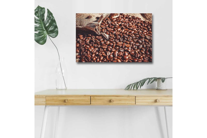 Lærredstryk med LED-belysning - Mættede kaffebønner i et naturligt miljø, Mørkebrun / Lysebrun