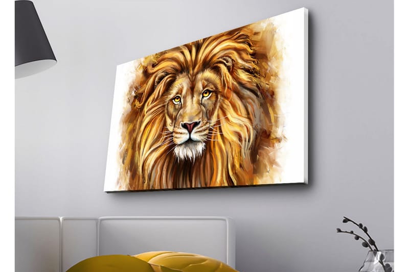 Lærredstryk med LED-belysning - Majestætisk løvehoved med detaljeret manke og udtryksfulde øjne - Guld / Brun / Beige - Boligtilbehør - Billeder & kunst - Billeder på lærred
