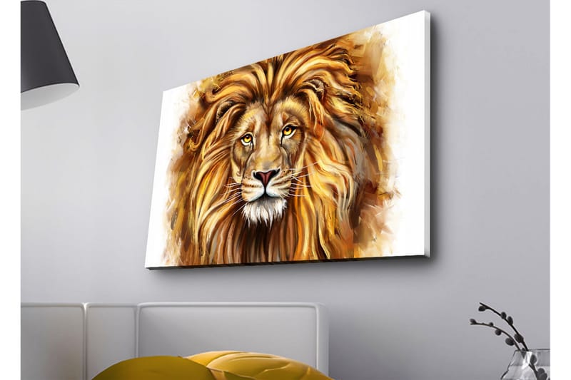 Lærredstryk med LED-belysning - Majestætisk løvehoved med detaljeret manke og udtryksfulde øjne - Guld / Brun / Beige - Boligtilbehør - Billeder & kunst - Billeder på lærred