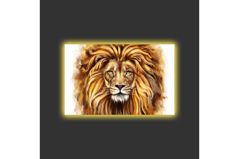 Lærredstryk med LED-belysning - Majestætisk løvehoved med detaljeret manke og udtryksfulde øjne - Guld / Brun / Beige - Boligtilbehør - Billeder & kunst - Billeder på lærred