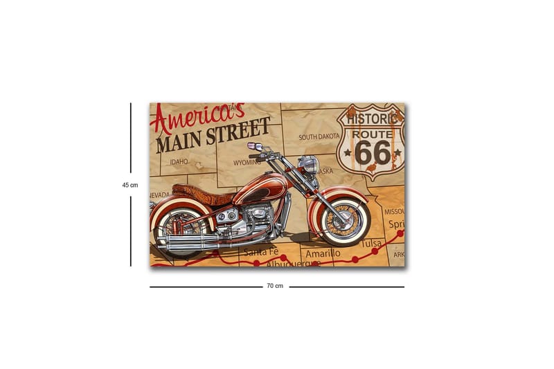 Lærredstryk med LED-belysning - Motorcykel på et kort over Route 66 - Rød / Beige / Sort - Boligtilbehør - Billeder & kunst - Billeder på lærred