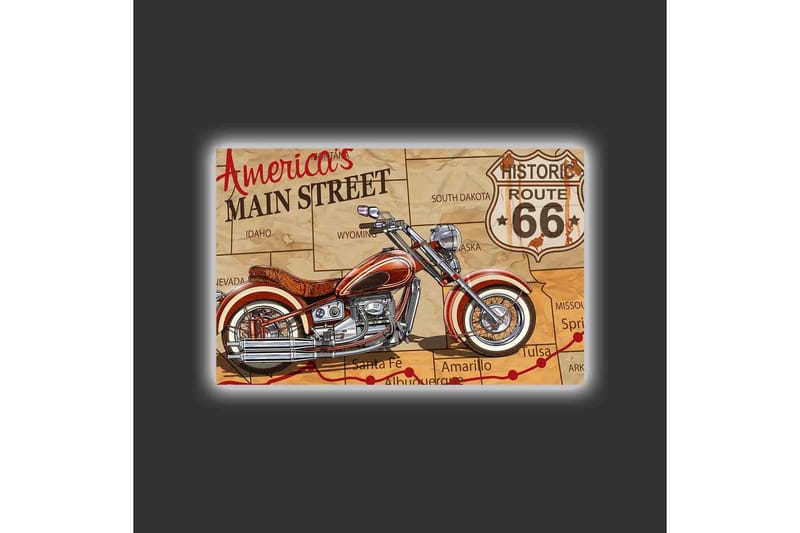 Lærredstryk med LED-belysning - Motorcykel på et kort over Route 66 - Rød / Beige / Sort - Boligtilbehør - Billeder & kunst - Billeder på lærred