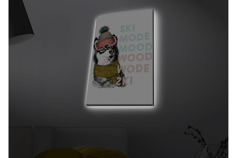 Lærredstryk med LED-belysning - Sød hund med skibriller og tørklæde - Sort / Gul / Lyserød - Boligtilbehør - Billeder & kunst - Billeder på lærred