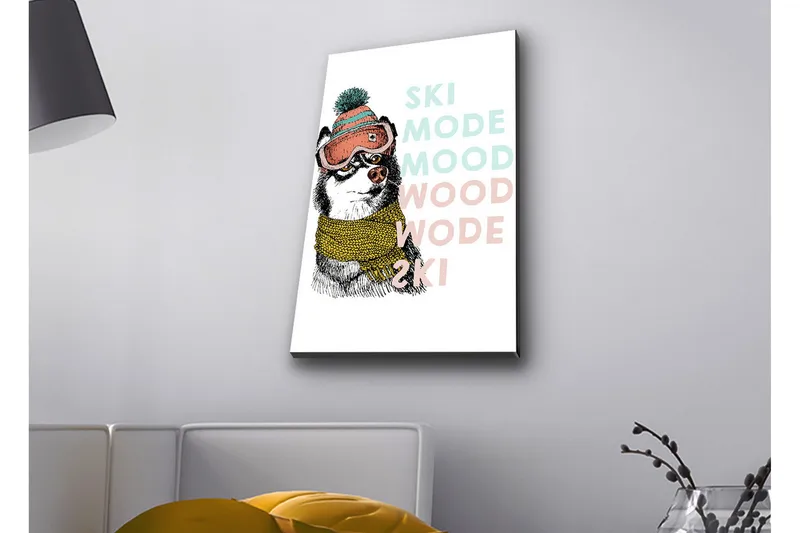 Lærredstryk med LED-belysning - Sød hund med skibriller og tørklæde, Sort / Gul / Lyserød