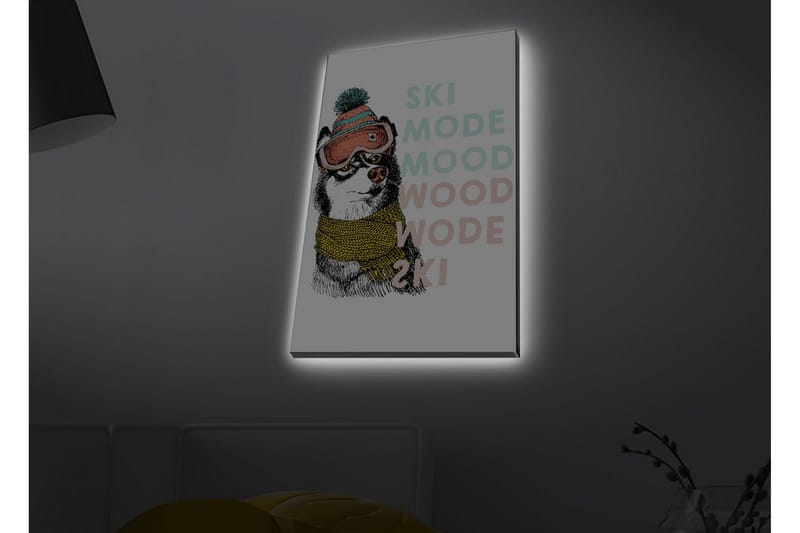 Lærredstryk med LED-belysning - Sød hund med skibriller og tørklæde - Sort / Gul / Lyserød - Boligtilbehør - Billeder & kunst - Billeder på lærred