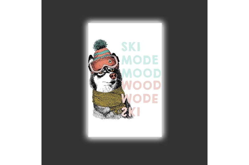 Lærredstryk med LED-belysning - Sød hund med skibriller og tørklæde - Sort / Gul / Lyserød - Boligtilbehør - Billeder & kunst - Billeder på lærred