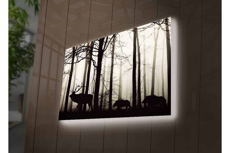 Lærredstryk med LED-belysning - Silhuetter af hjorte og vildsvin i et tåget skovmiljø - Sort / Grå / Hvid - Boligtilbehør - Billeder & kunst - Billeder på lærred