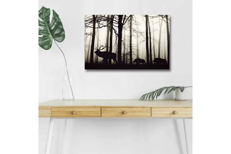 Lærredstryk med LED-belysning - Silhuetter af hjorte og vildsvin i et tåget skovmiljø, Sort / Grå / Hvid