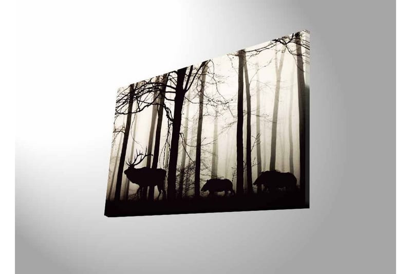 Lærredstryk med LED-belysning - Silhuetter af hjorte og vildsvin i et tåget skovmiljø - Sort / Grå / Hvid - Boligtilbehør - Billeder & kunst - Billeder på lærred