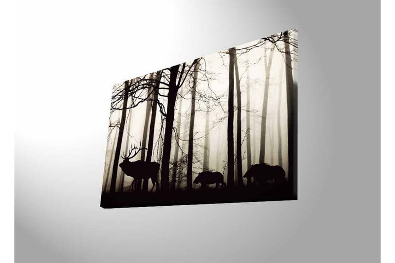 Lærredstryk med LED-belysning - Silhuetter af hjorte og vildsvin i et tåget skovmiljø - Sort / Grå / Hvid - Boligtilbehør - Billeder & kunst - Billeder på lærred