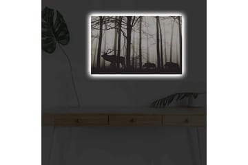 Lærredstryk med LED-belysning - Silhuetter af hjorte og vildsvin i et tåget skovmiljø - Sort / Grå / Hvid - Boligtilbehør - Billeder & kunst - Billeder på lærred