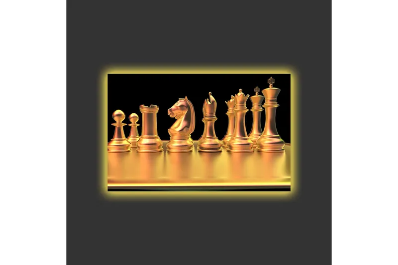 Lærredstryk med LED-belysning - Skinnende skakbrikker i guldtoner - Guld / Sort - Boligtilbehør - Billeder & kunst - Billeder på lærred