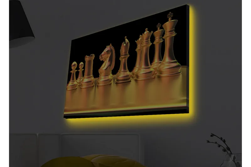 Lærredstryk med LED-belysning - Skinnende skakbrikker i guldtoner - Guld / Sort - Boligtilbehør - Billeder & kunst - Billeder på lærred