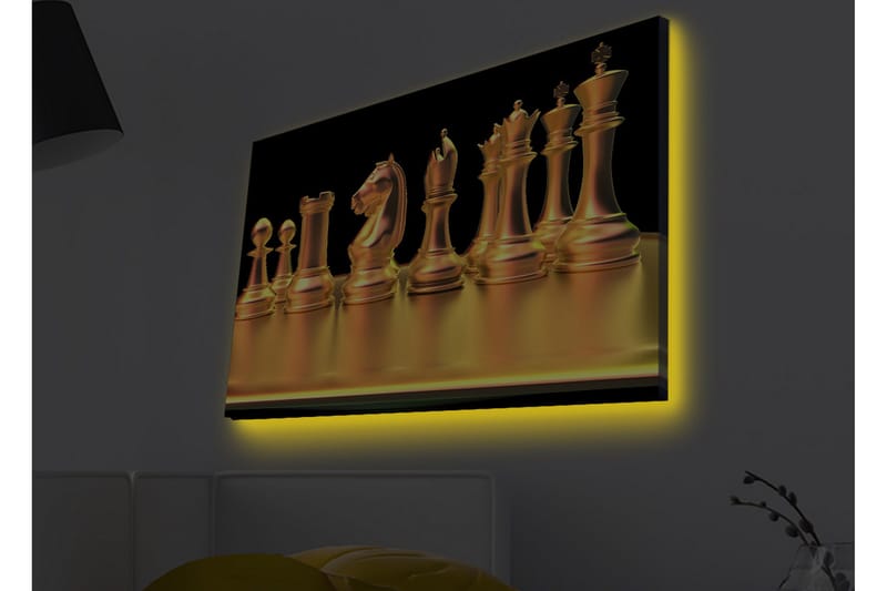 Lærredstryk med LED-belysning - Skinnende skakbrikker i guldtoner - Guld / Sort - Boligtilbehør - Billeder & kunst - Billeder på lærred