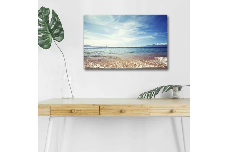 Lærredstryk med LED-belysning - Smuk havudsigt med klar blå himmel og bløde bølger, Blå / Beige / Hvid