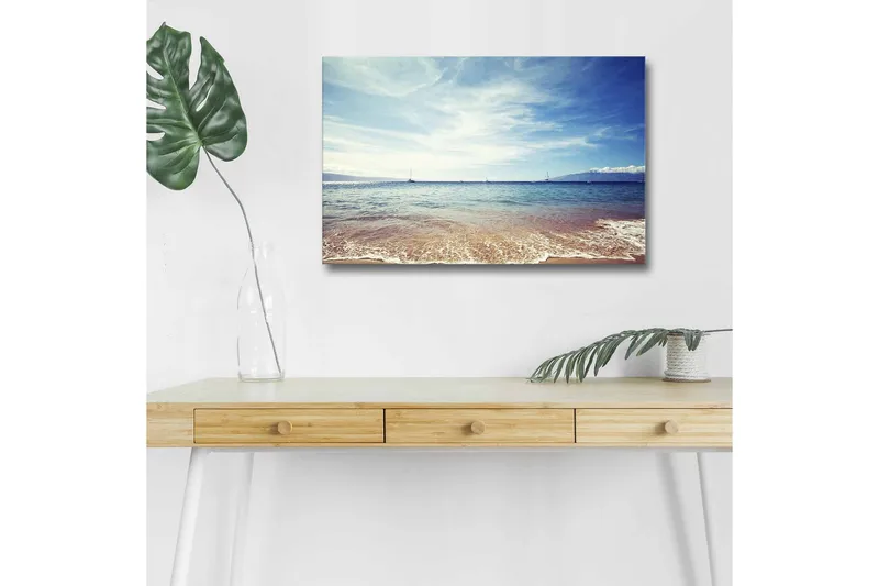 Lærredstryk med LED-belysning - Smuk havudsigt med klar blå himmel og bløde bølger, Blå / Beige / Hvid