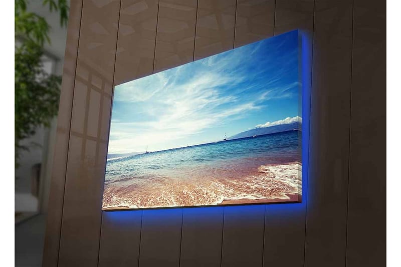 Lærredstryk med LED-belysning - Smuk havudsigt med klar blå himmel og bløde bølger - Blå / Beige / Hvid - Boligtilbehør - Billeder & kunst - Billeder på lærred